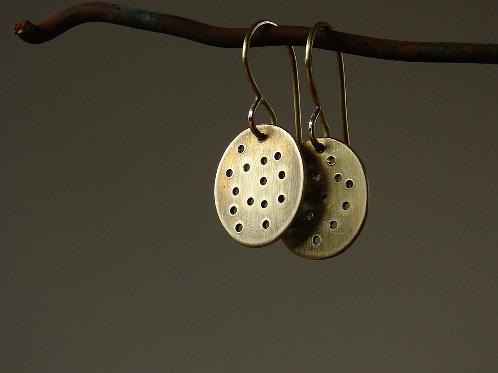 Brass Drop Earrings. Gold Tone Brass. Dots Oval. Oxidized Brushed Patina.