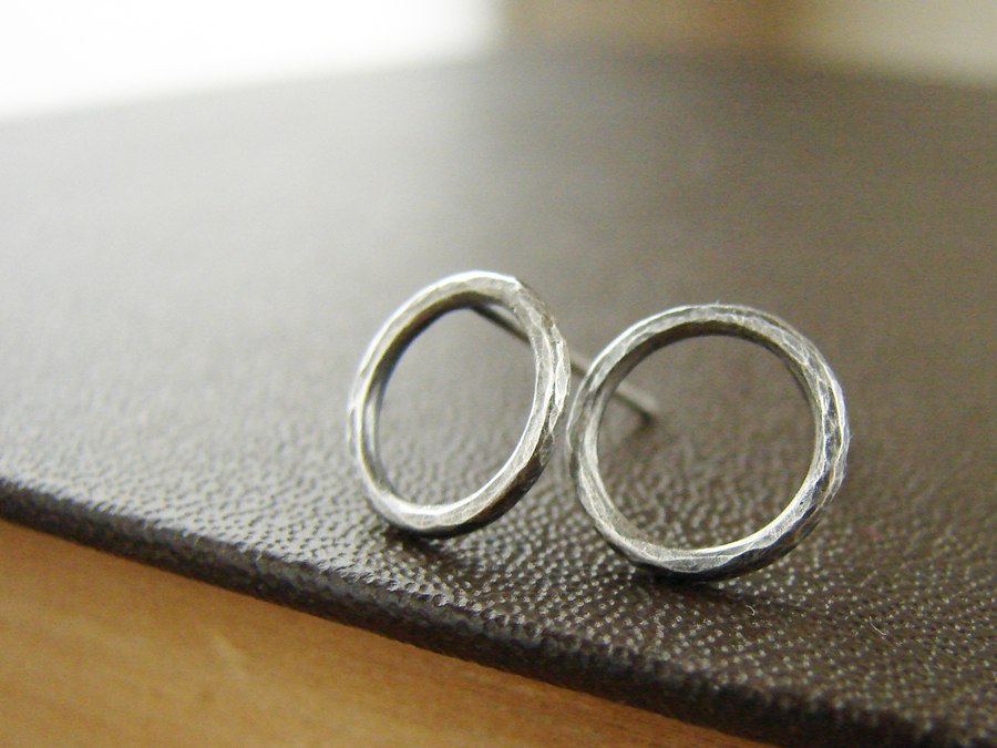 Silver circle studs, textured and oxidized