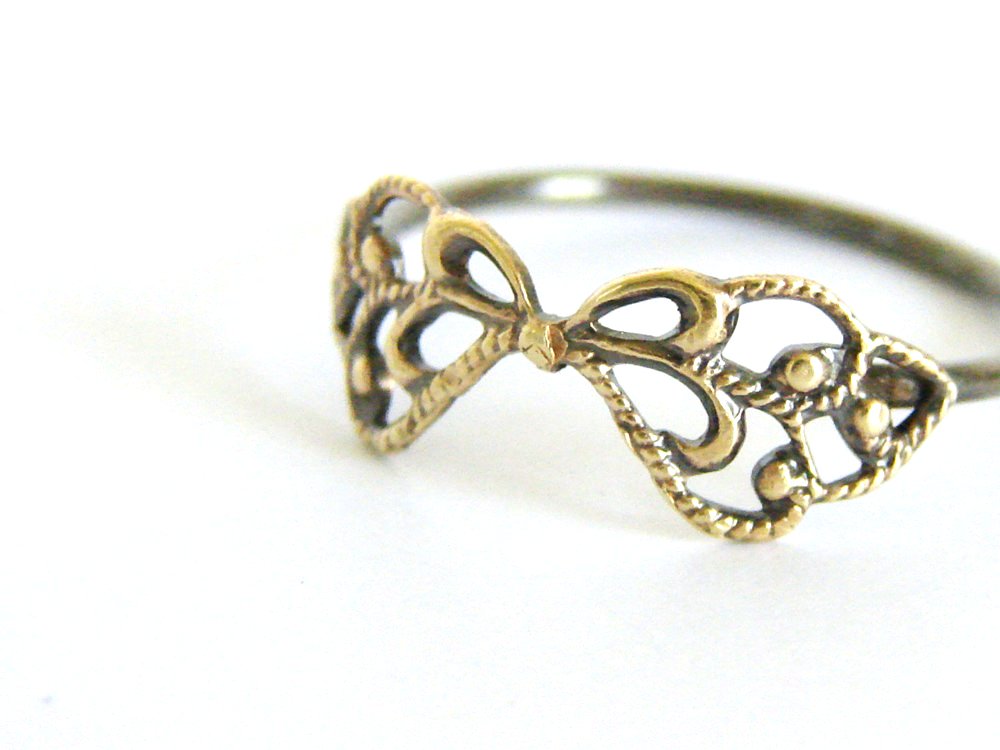 Delicate Filigree Ring. Sterling Silver And Vintage Brass Filigree Bow.