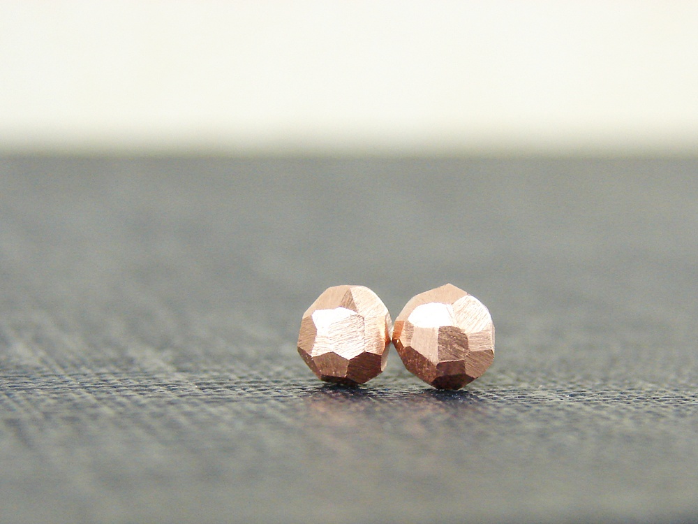 Faceted Copper Studs. Tiny Geo Earrings In Recycled Metal.